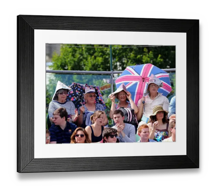 Framed Print : Wimbledon Fans In Paper Hats & Umbrellas