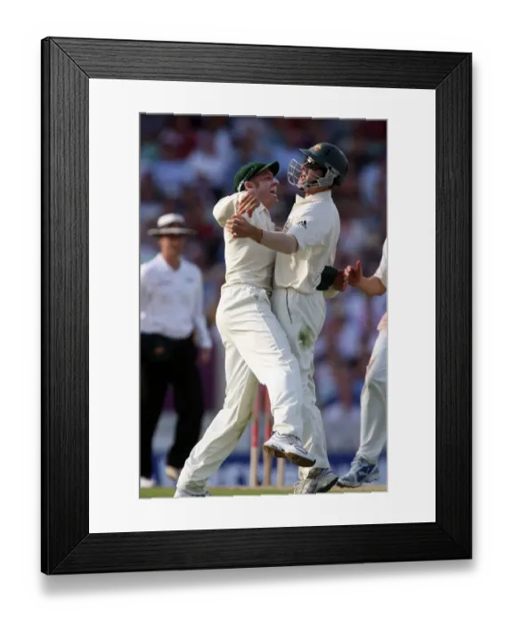 Framed Print : Mike Hussey and Simon Katich Celebrate Trott Wicket