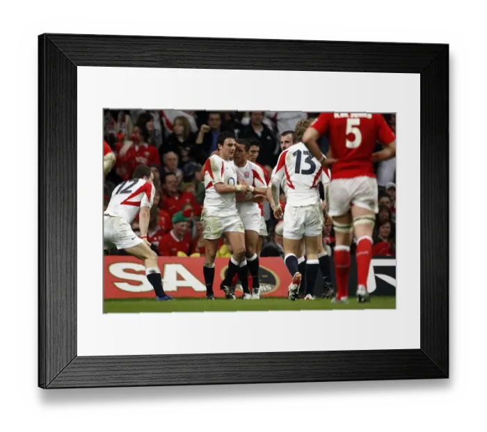 Framed Print : Mike Catt, Harry Ellis, Jason Robinson Celebrate Try Framed Print : Mike Catt, Harry Ellis, Jason Robinson Celebrate Try