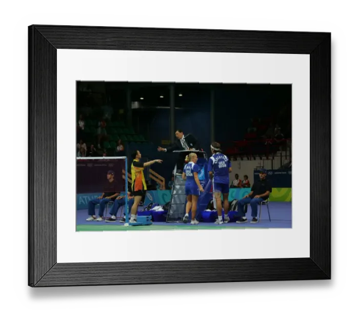 Framed Print : Jun Zhang, Gail Emms and Nathan Robertson And Umpire Framed Print : Jun Zhang, Gail Emms and Nathan Robertson And Umpire