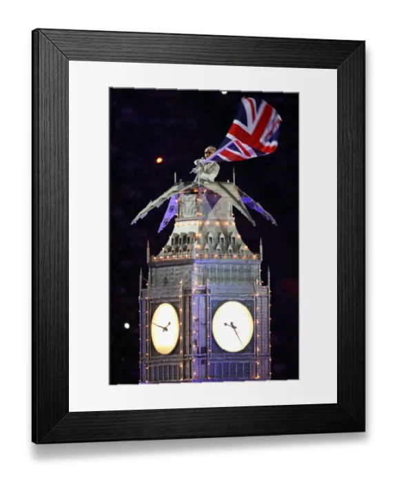 Framed Print : Man Waves Flag On Big Ben Framed Print : Man Waves Flag On Big Ben