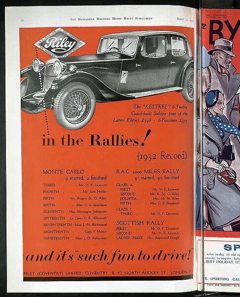 Advertisement for Riley Kestrel saloon car, mono illustration, with colour borders. With captions, Riley, as old as the industry, as modern as the hour'and in the rallies