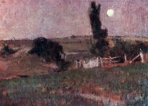Afterglow. A landscape oil painting of grassland with a crude fence