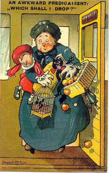 Comic postcard, Woman with her hands full on a train - Which shall I drop