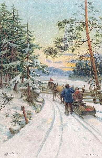 Country lane with snow on a Christmas card