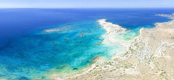 Aerial view of the exotic Elafonisi beach set along an island lagoon, Crete island, Greek Islands, Greece, Europe