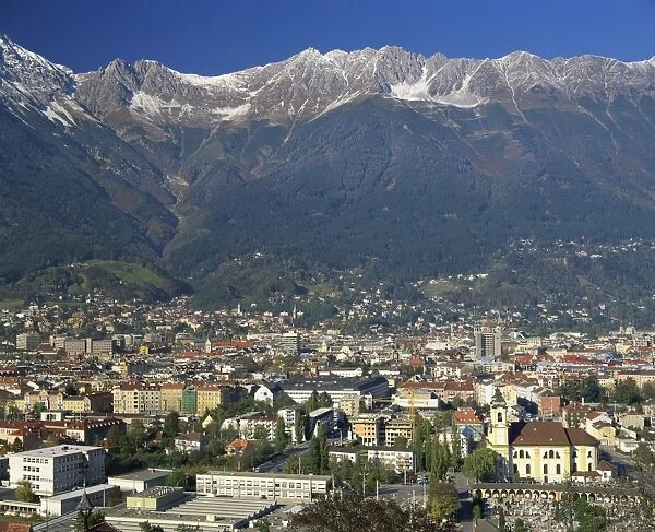 Aerial view over Innsbruck, including the Karwendel Range behind, Tirol, Austria, Europe