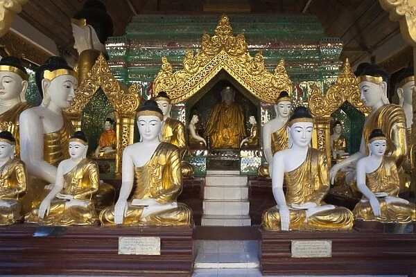 Buddha statues inside the Shwedagon pagoda, Yangon (Rangoon), Yangon Region, Myanmar (Burma), Asia