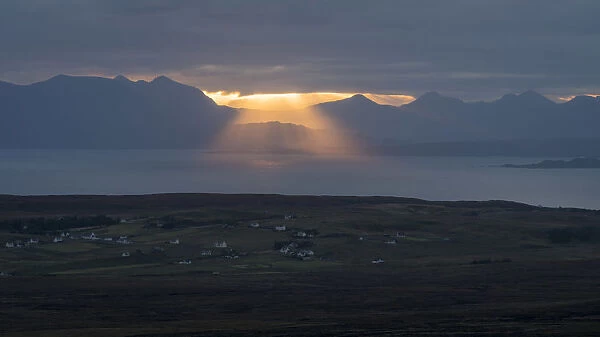 View of Digg village from Quiraing road at sunrise, Isle of Skye, Highland Region