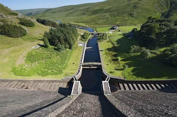 View of overflow from dam, Claerwen Reservoir, Elan Valley, Powys, Wales, July