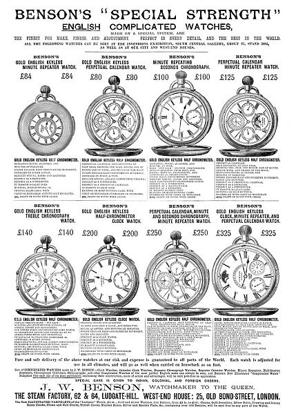 AD: POCKET WATCHES, c1885. English advertisement for Bensons watches, c1885