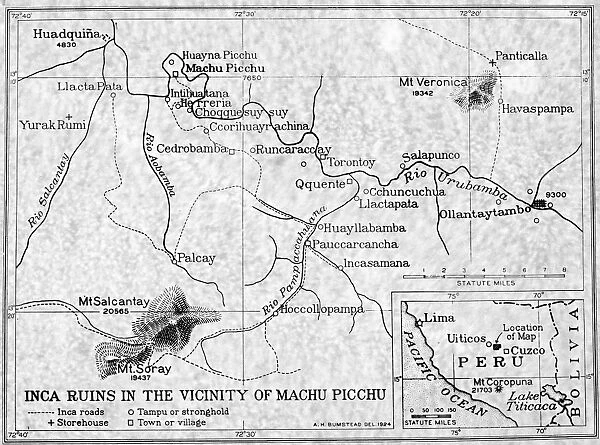 American map of Inca ruins in the vicinity of Machu Picchu, Peru, 1924