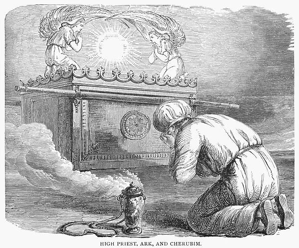 ARK OF THE COVENANT, 1890. A high priest praying beside the Ark of the Covenant. Wood engraving, American, c1890