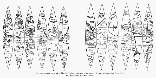 MAP: MAGELLANs VOYAGE. Gore-map showing Ferdinand Magellans circumnavigation of the globe