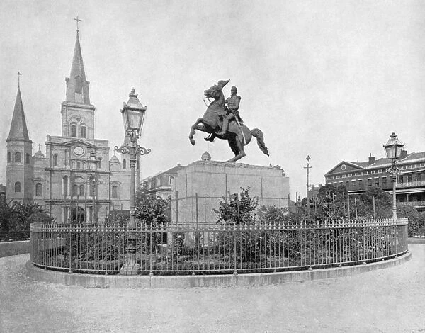 NEW ORLEANS: MONUMENT. The St. Louis Cathedral and statue of Andrew Jackson at