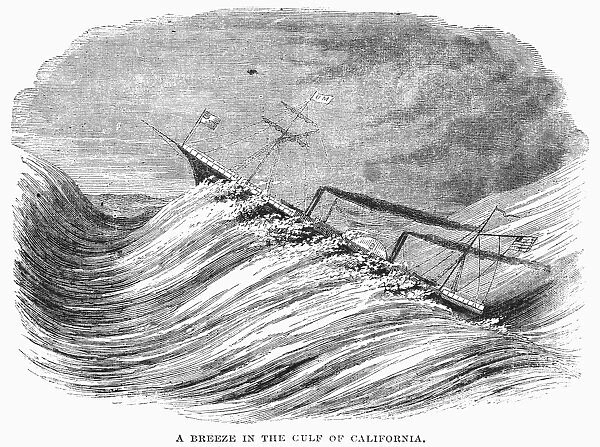 STEAMSHIP: STORM, 1856. An American steamship beset by high waves during a gale on the Gulf of California, 1856. Contemporary American wood engraving