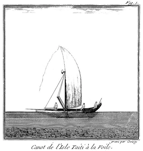 TAHITI: CANOE, 1771. A native Tahitian canoe. Line engraving from Louis de Bougainvilles Le Voyage Autour du Monde, 1771