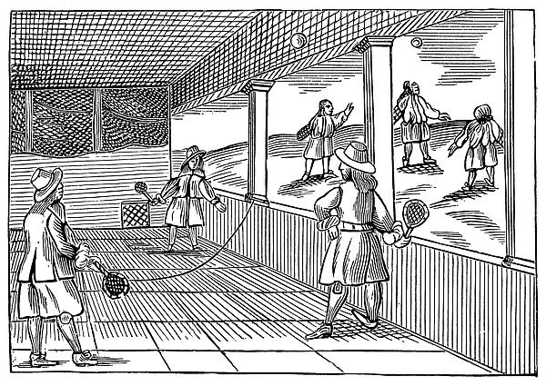 TENNIS, 1659. A game of court tennis. English woodcut, 1659