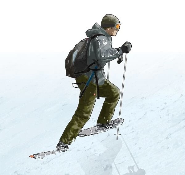 Digital illustration of man wearing protective clothing and using snow shoes and skis to walk on surface of snow