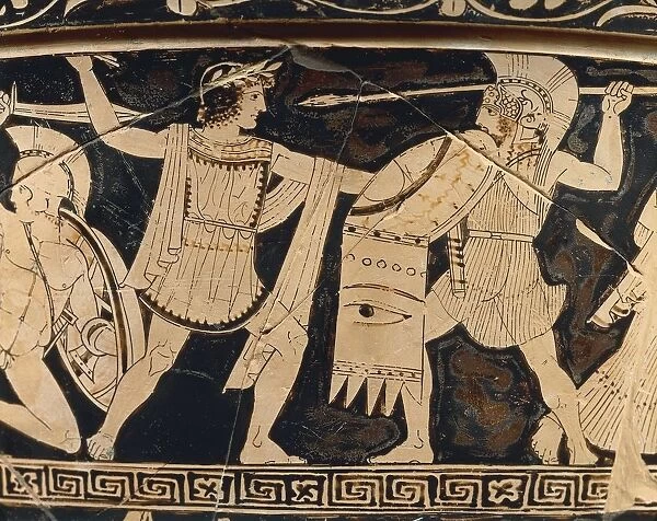 Italy, Val Trebbia, Spina, Detail of an armed Giant during the Gigantomachy from red-figure Attic krater, painted by the painter of the Niobides, 460 B. C
