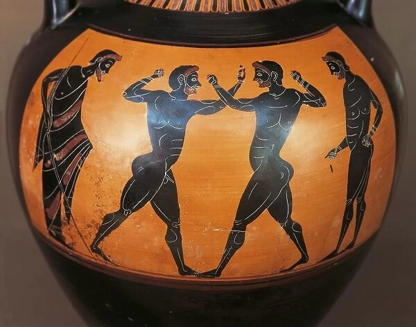 Panathenaic amphora depicting boxing scene, from Tomb of the Warrior at Vulci, Viterbo province, Italy