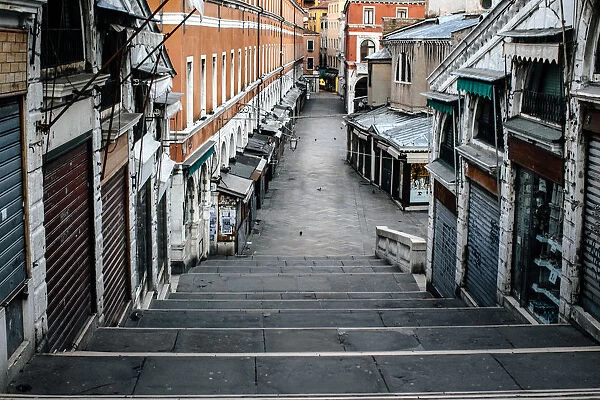 High-angle view on empty Venetian street from Rialto bridge