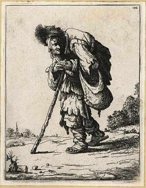 17th century Dutch disabled beggar in rags, with staff and bag. 1803 (engraving)