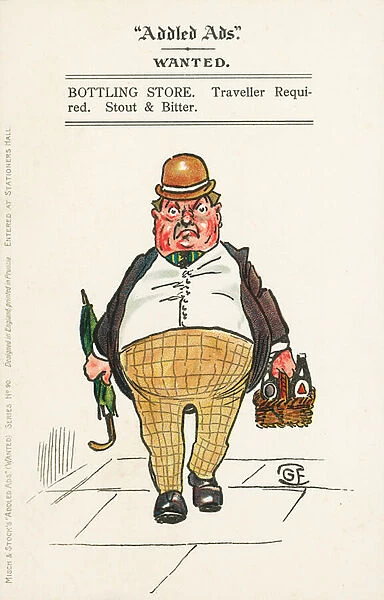 Alcoholism: fat man carrying an umbrella and bottles of beer (chromolitho)