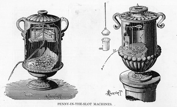 Ancient and modern vending (penny-in-the-slot) machines, 1893 (litho)