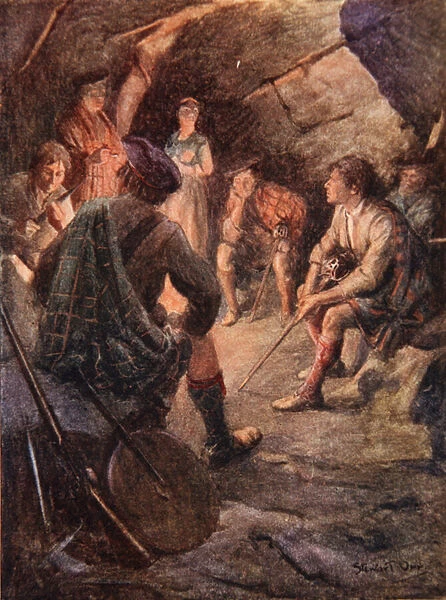 Armed Highlanders sit around the fire and make plans for Bonnie Prince Charlie