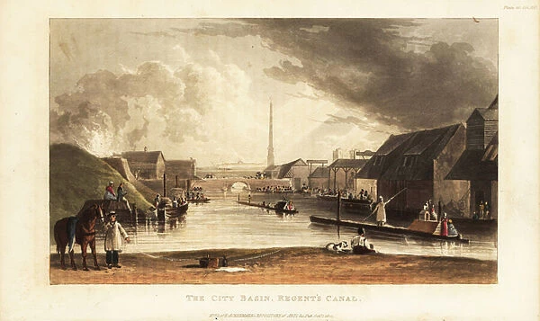 Barges and other boats at the City Basin (now City Road Basin, Islington), London, 1822