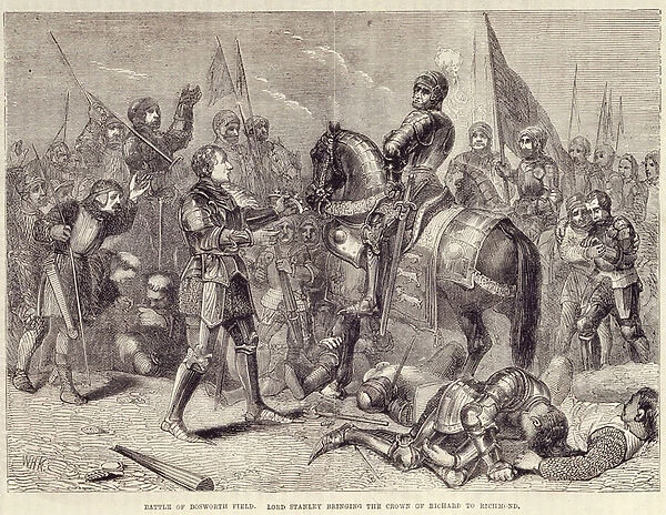 Battle of Bosworth field. Lord Stanley bringing the crown of Richard III to Richmond (1485): end of the War of the Two Roses - in 'Cassells illustrated history of England', vol. II, by William Howitt, 1857