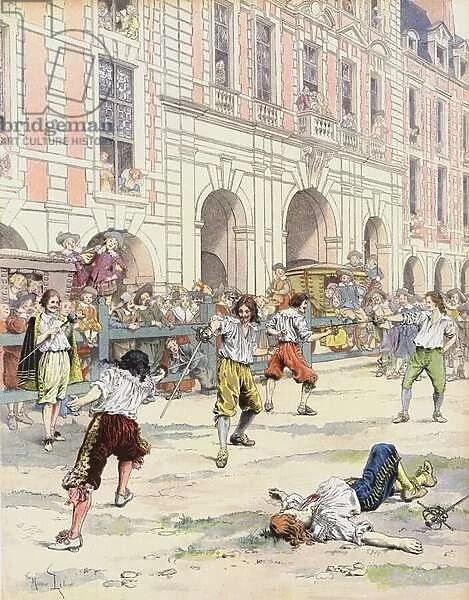 Boutteville and Beuvron fight a duel in the Place Royale (colour litho)