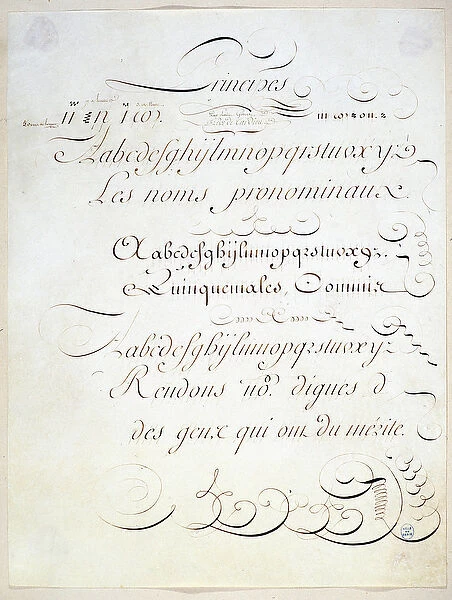Calligraphy: Manuscript piece representing the principle of three French writings