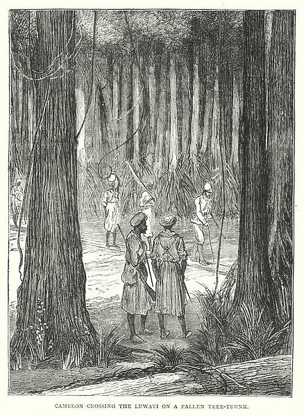 Cameron crossing the Luwati on a Fallen Tree-Trunk (engraving)