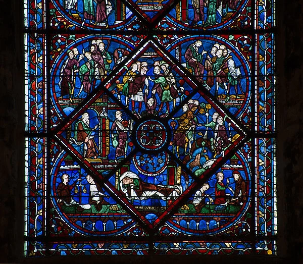 Cathedrale de chartres, stained glass: la vie de joseph, detail bas