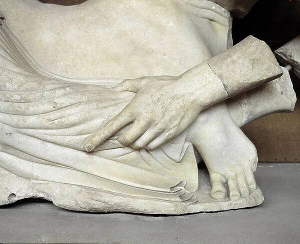 Centauromachia, the centaurs hand grabs the womans foot (Temple of Zeus in Olympia), 470-456 BC (Marble sculpture)