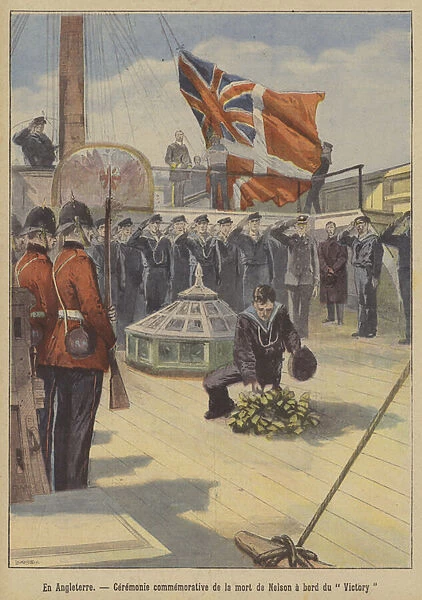 Ceremony commemorating the death of Admiral Lord Nelson on the deck of HMS Victory (colour litho)