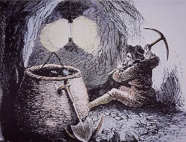 Coal miner working deep below ground by light of Davy Lamp, early 19th century (hand-coloured engraving)