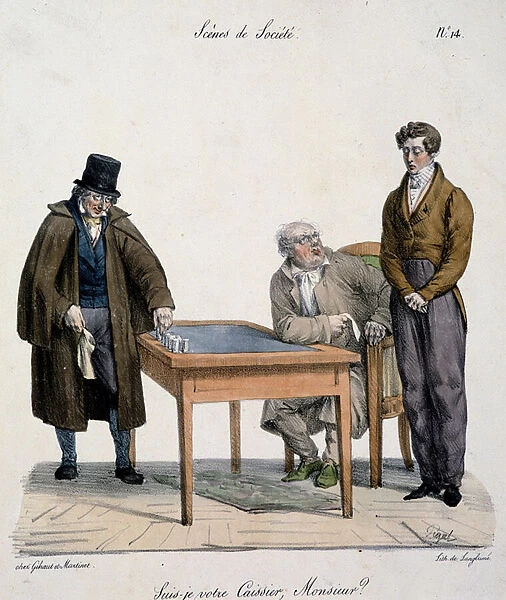 Company scene: 'Am I your cashier, sir? ': a father rebukes his spending son - drawing by Pigal, 1820