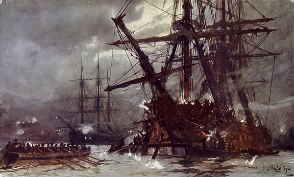 Cutting out of the 'Hermione'('Retribution'), 1799 (colour litho)