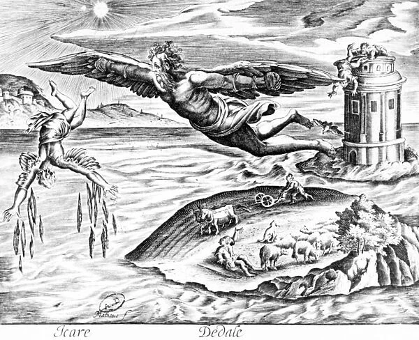 Daedalus escaping from Crete with his son, Icarus, sees him falling to his death