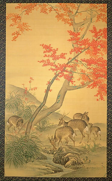 Deer under a maple tree, (watercolour on silk)