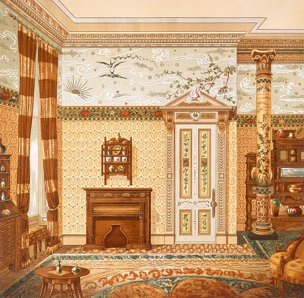 Design for an Aesthetic interior, from Interior Decorations Designed by McCulloch & Gow, published 1880s (colour litho)