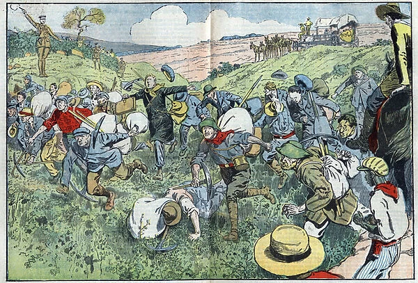 The diamond race (South Africa): a race organized to decide who will occupy the diamond plots closest to the deposit. Illustration of Damblans in 'Le Pelerin'of August 3, 1924