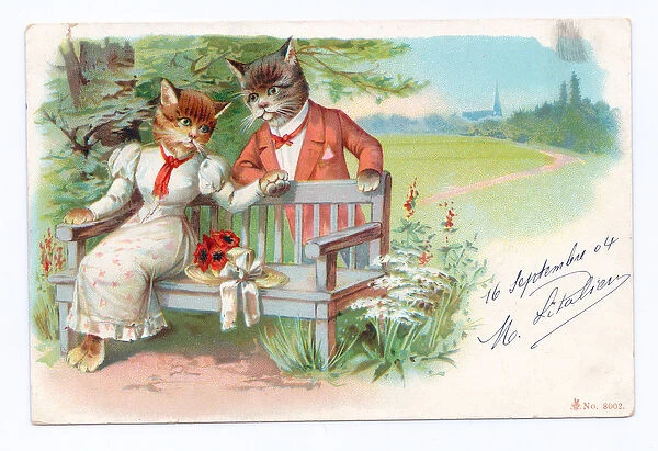 Edwardian postcard of two cats wearing human clothes holding paws, c. 1910 (colour litho)