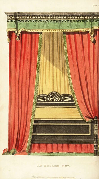 An English four-poster bed with drapes designed by George Bullock, 1777-1818, marble sculptor, cabinet maker and furniture designer of Tenterden Street, Hanover Square, London