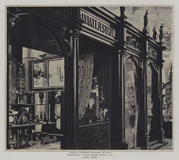 Exhibition of decorative glassware by Salviati, Jesurum & Co, Venice, in the Italian pavilion at the Exposition Universelle 1900, Paris (b  /  w photo)