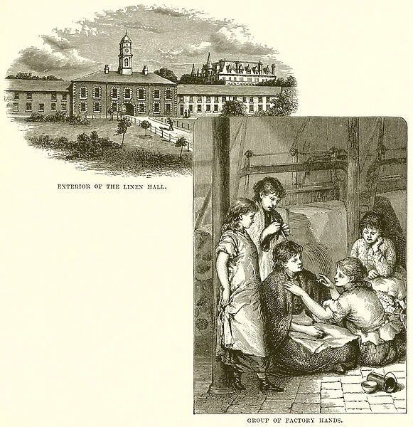 Exterior of the Linen Hall. Group of Factory Hands (engraving)