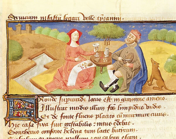 Fol. 122r Meal in the Countryside, illustration from Controversia de Nobilitate by Buonaccorso da Montemagno (vellum)